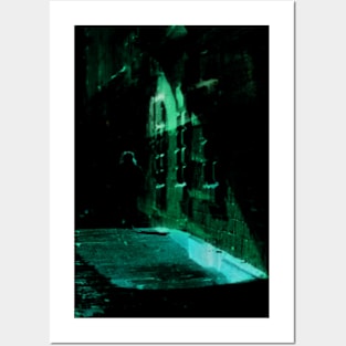 Special processing. Person walking at night, on dark street, with stone walls. Green. Posters and Art